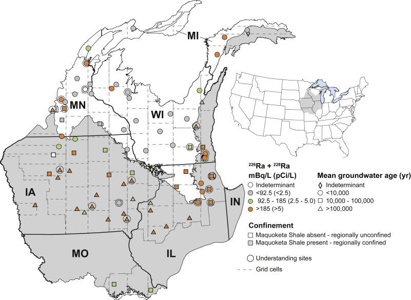 Map showing sampling locations, combined Ra (226Ra + 228Ra) concentrations and estimated mean groundwater ages