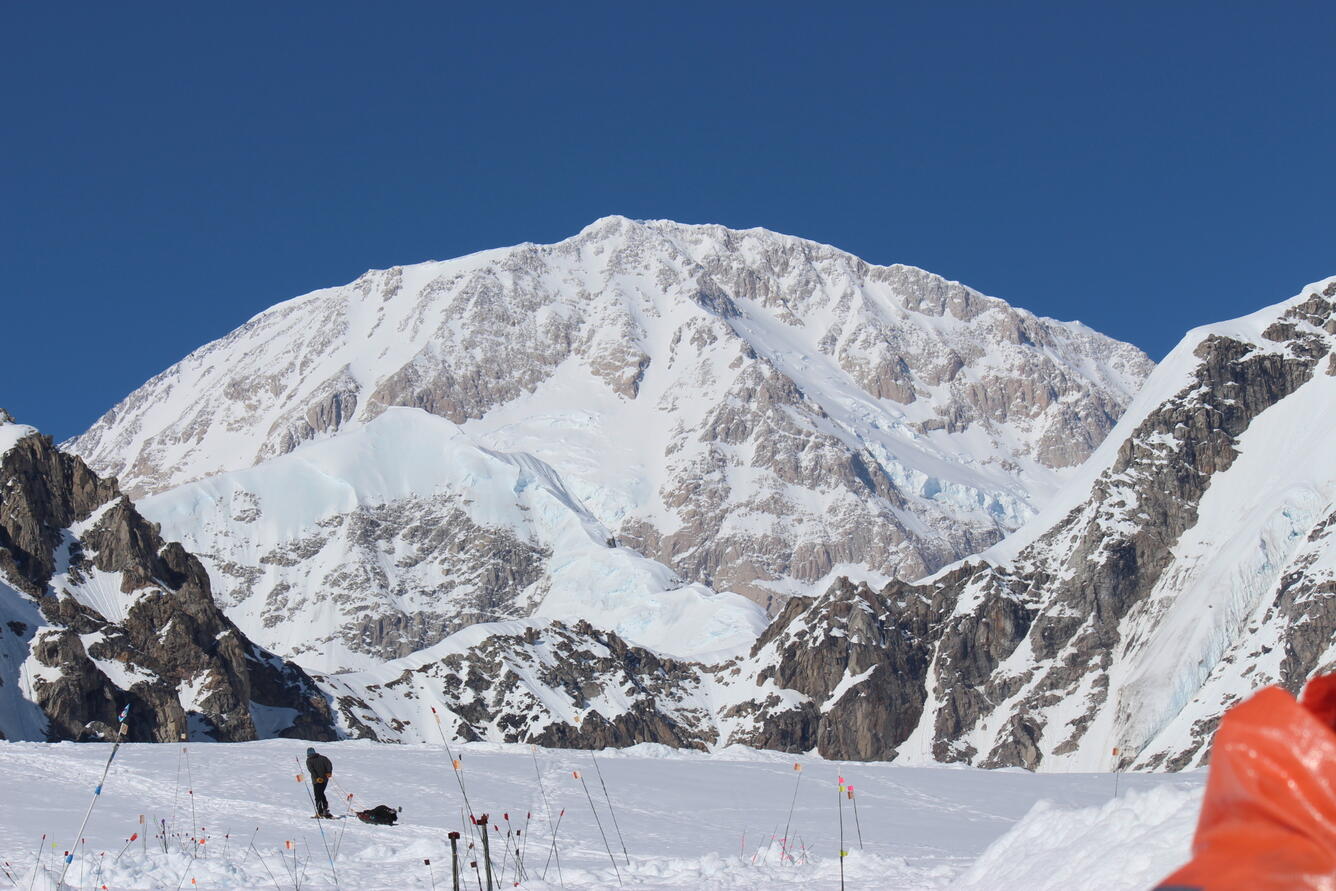 The survey party begins their ascent to the summit from the Kahiltna glacier, looking up at the summit of Denali. (Photo: Blain 
