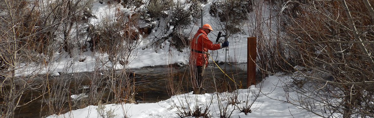 USGS scientist Doug Hutchinson measuring streamflow on Desert Creek, Nev.
