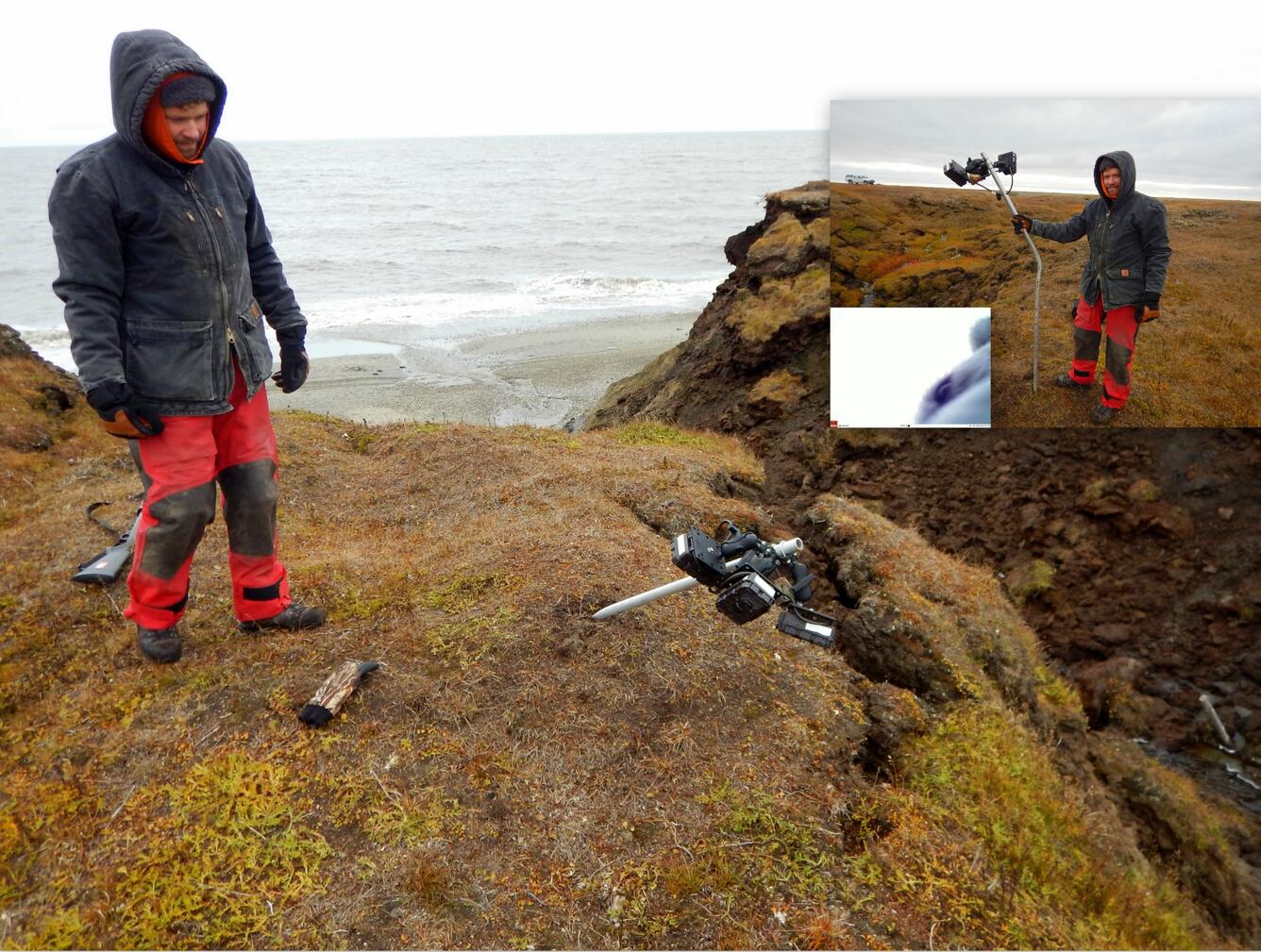 A man stands near a pole with cameras mounted on it, the pole is bent over.