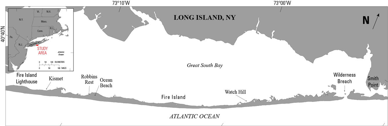Graphic map of the Fire Island study area with labels