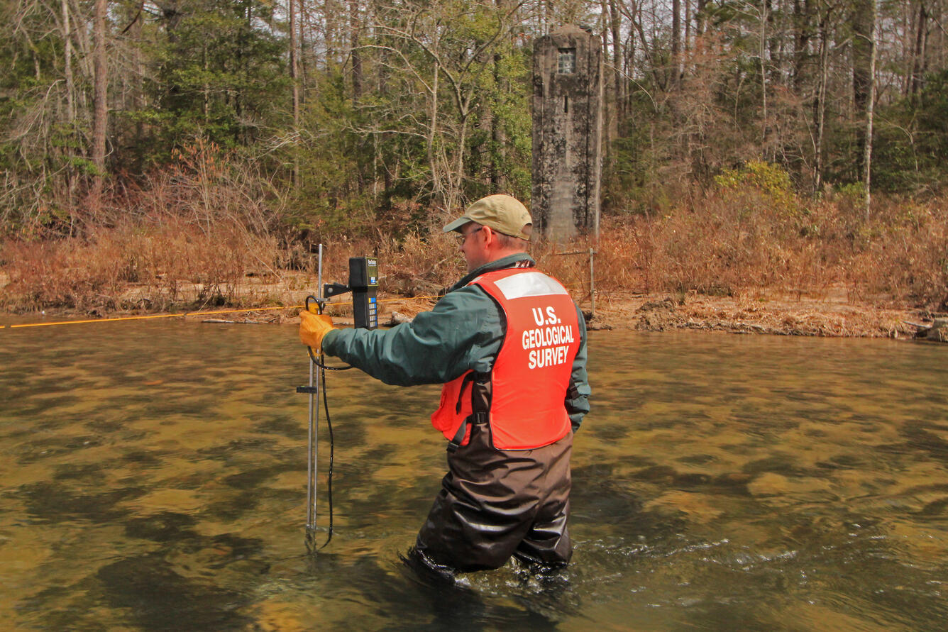 Paul Ankorn making a discharge measurement. 02177000 Chattooga River near Clayton, GA.