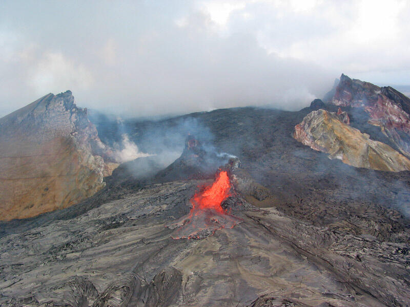 This is a photo of West Gap spatter cones in context of Pu`u `O`o.