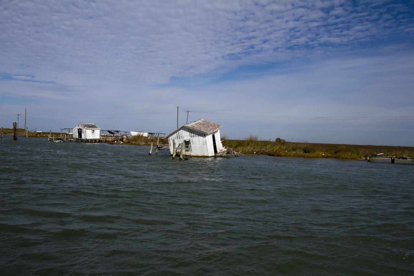 A damaged shack on Tangier Island, VA.