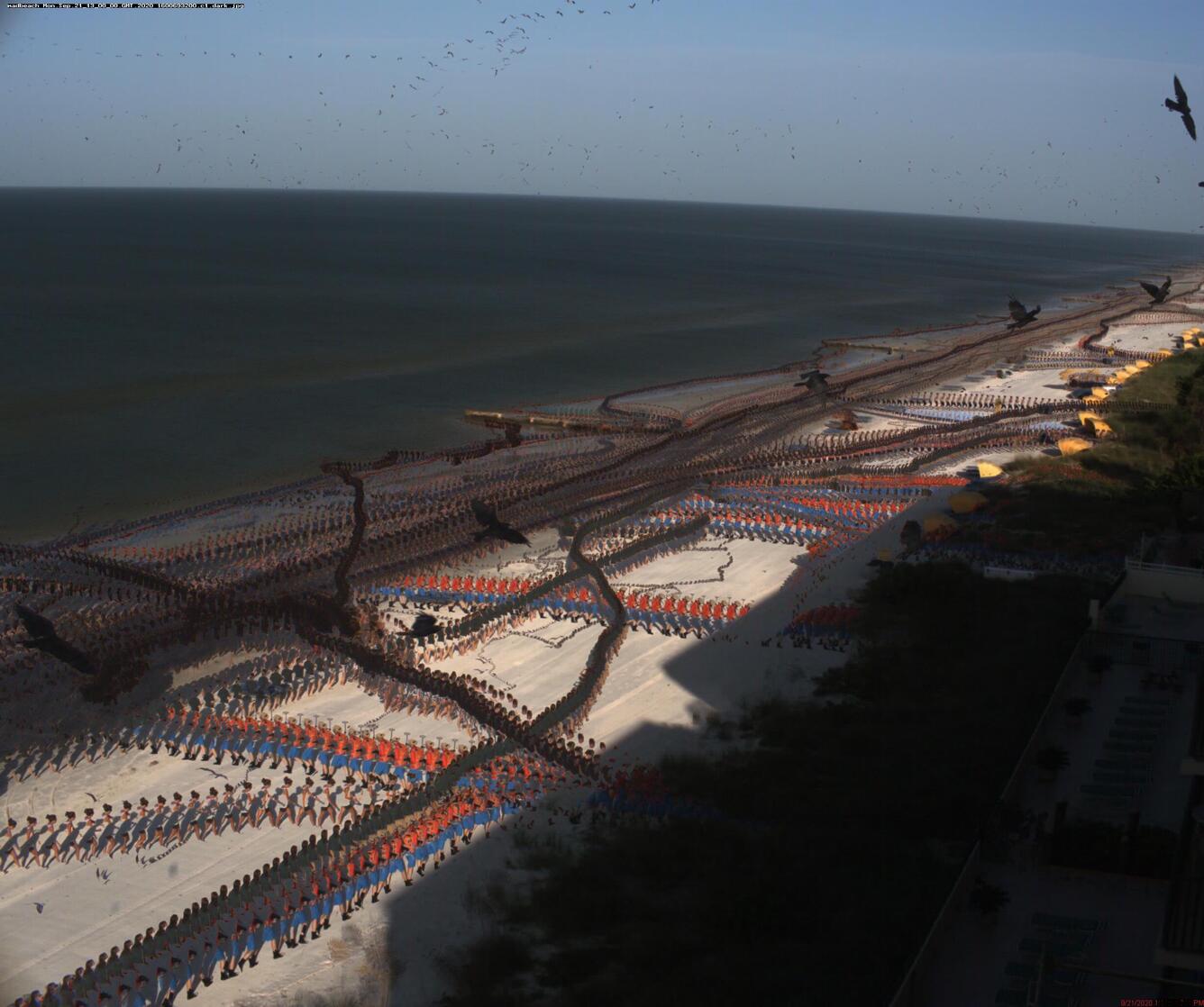 An aerial view of a beach with the ocean in the background, with repeated images of people scattered around the beach