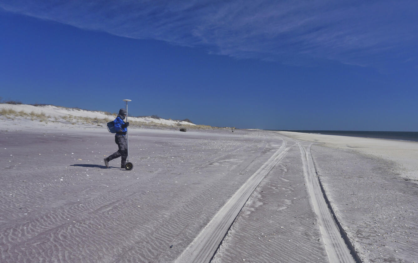 Beach elevation profile data collection on Fire Island, New York.