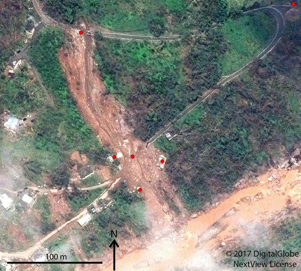 Excerpt of satellite image showing landslide impacts to Highway PR-431 and houses near the Rio Blanco in the Lares Municipality.