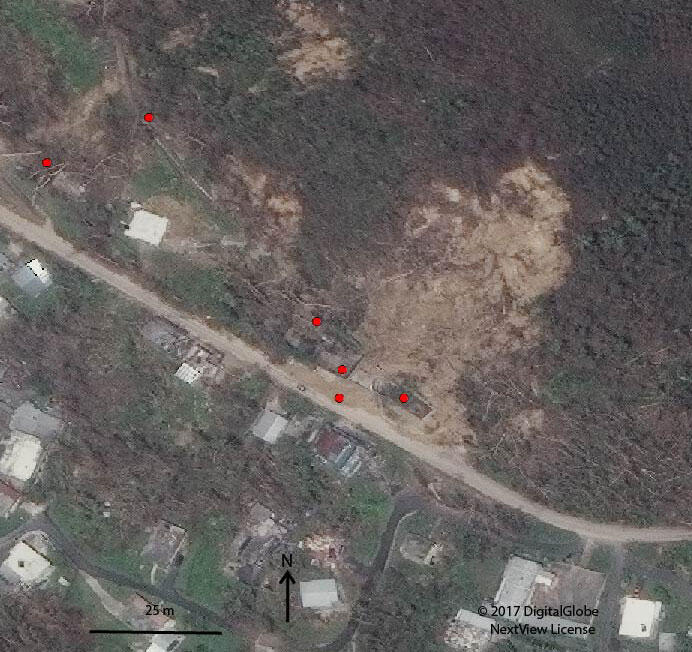 Excerpt of satellite image showing landslide impacts to Highway PR-444 and buildings in the Moca Municipality. 