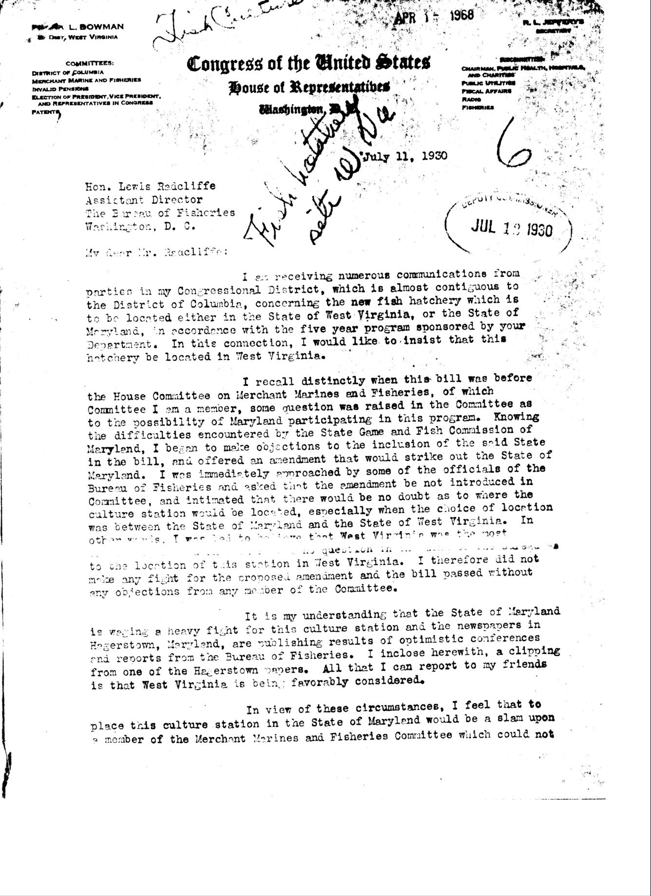 Congressman Bowman 1931 letter page 1