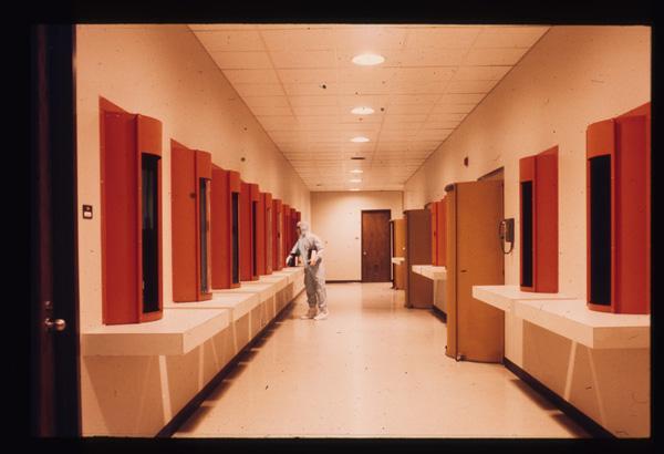 Color photo of turnstiles at USGS EROS Center, circa 1974