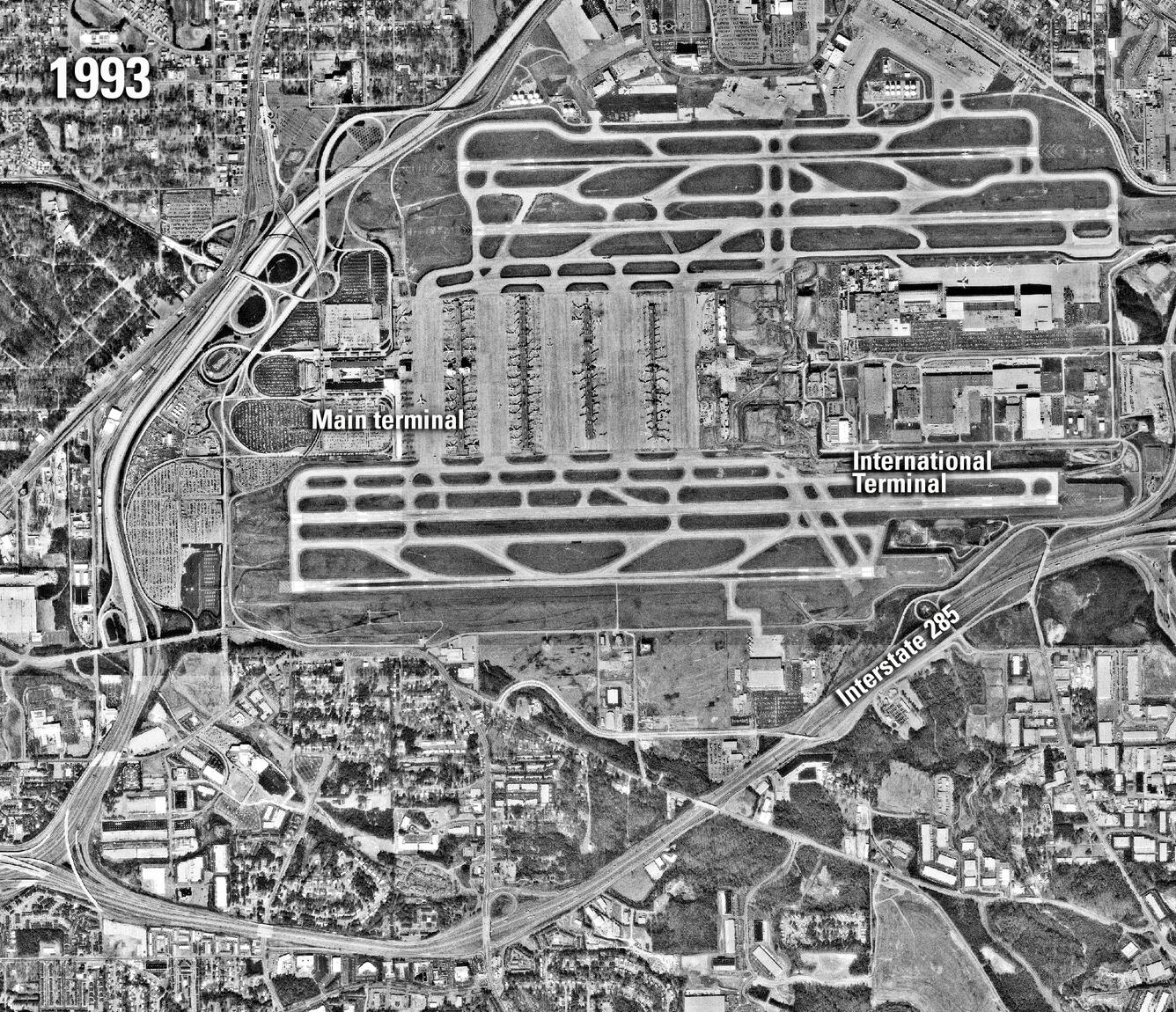 Black and white photo of Atlanta airport, circa 1993