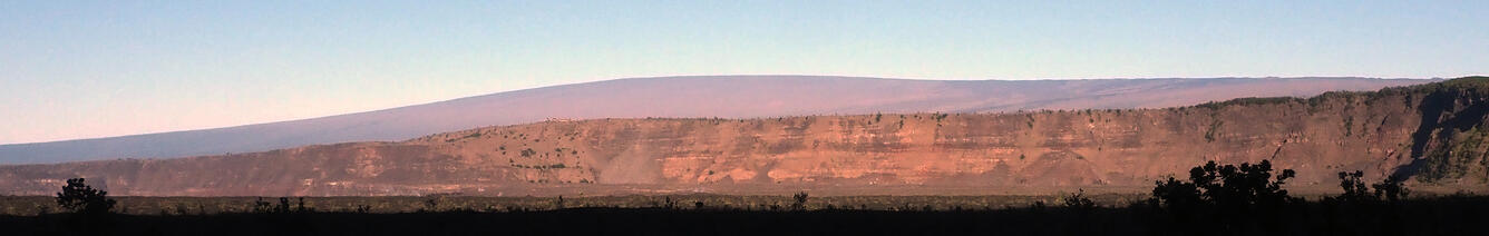 A wide-angle view of the western wall of Kīlauea caldera in Hawai‘i Volcanoes National Park