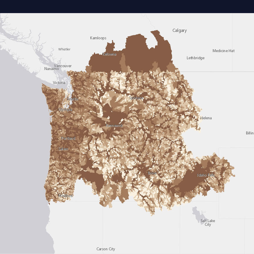 Shaded area map of total phosphorus levels in Pacific Northwest