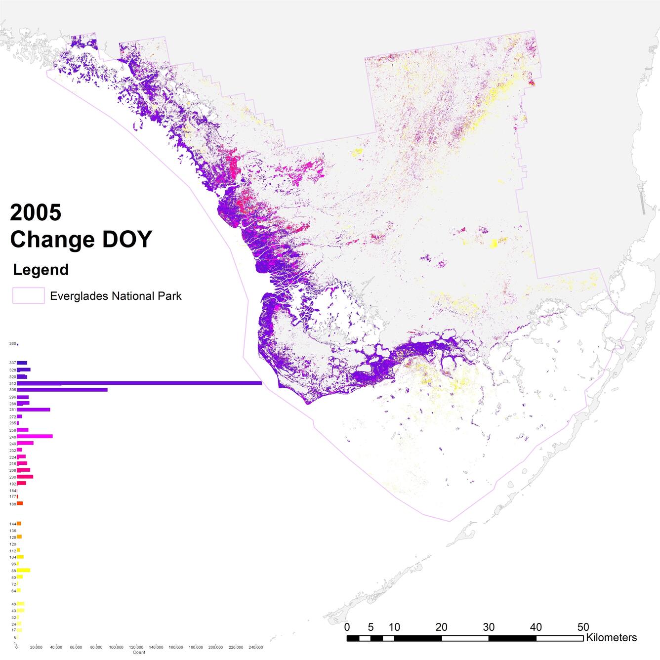 land change map for south Florida, 2005, showing day of change