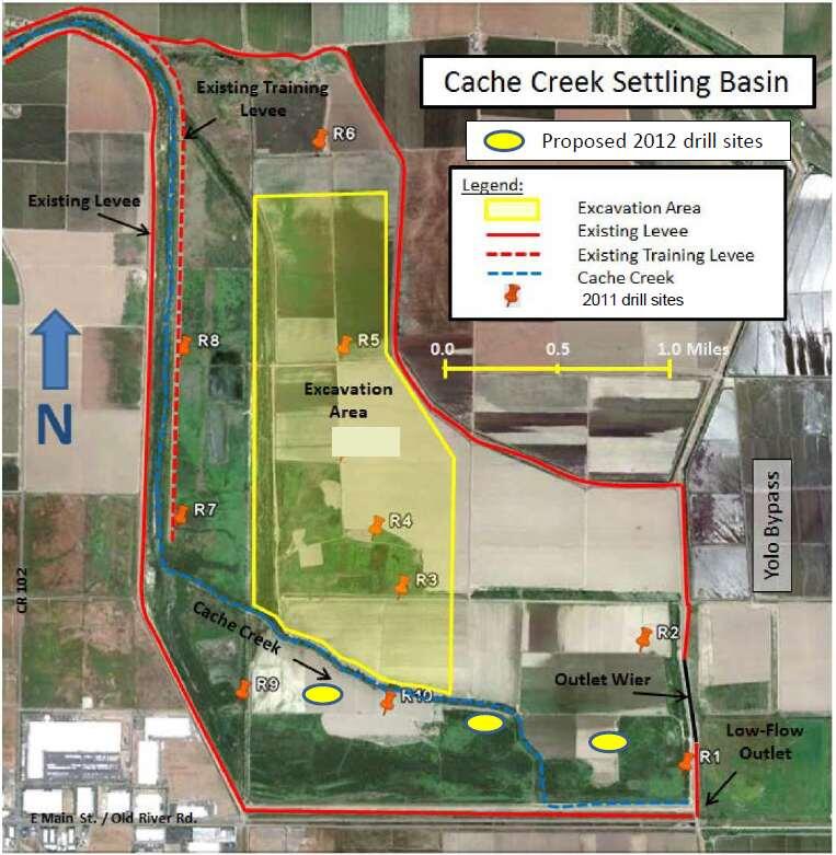 Air photo showing location drill sites in Cache Creek Settling Basin.