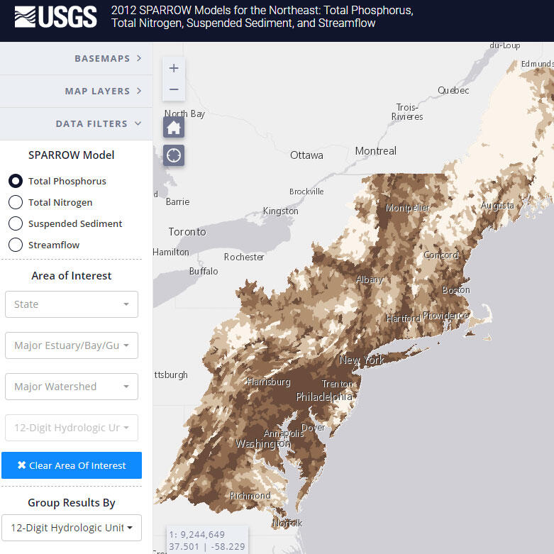 Screenshot of web map and map controls; shaded areas show total phosphorus levels in Northeast US streams