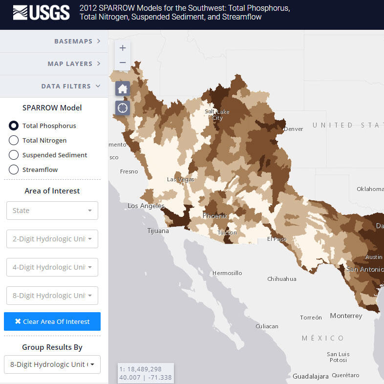 Screenshot of web map and map controls; shaded areas show total phosphorus levels in Southwest US streams