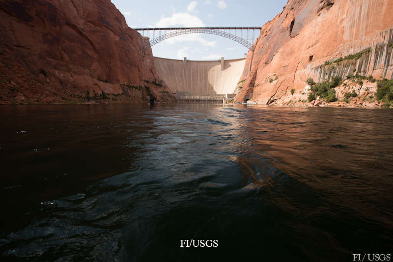 A view of Glen Canyon Dam from the Colorado River.