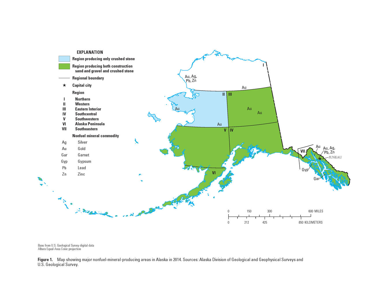 Map showing major nonfuel-mineral-producing areas in Alaska in 2014.