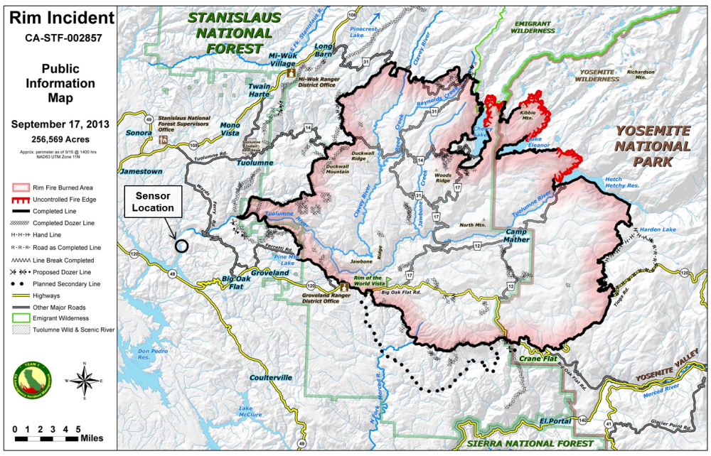 Location of the Rim Fire burn area and sensor measurements in Don Pedro Reservoir.