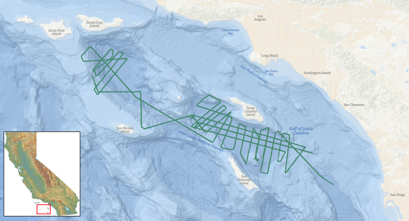 Map of ocean and coastal land with lines drawn on parts of the ocean to show the tracklines of a ship collecting data.