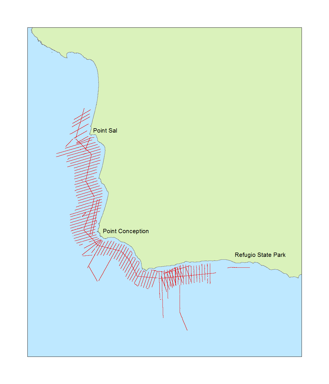 Map of a coastal area showing a ship survey tracklines in the water.