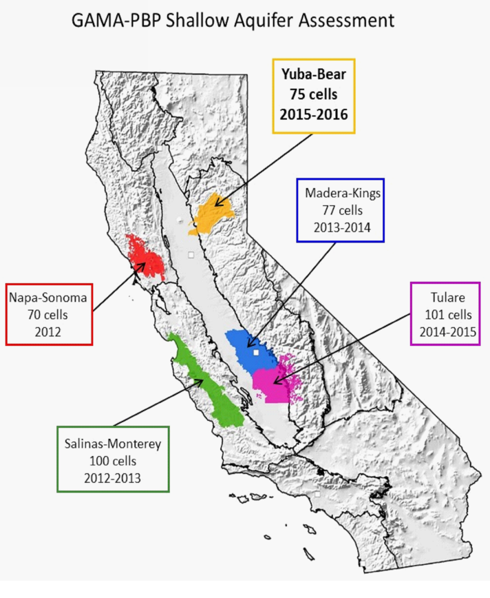 Map of Groundwater Ambient Monitoring and Assessment Shallow Aquifer Assessment study units 2012-2016.