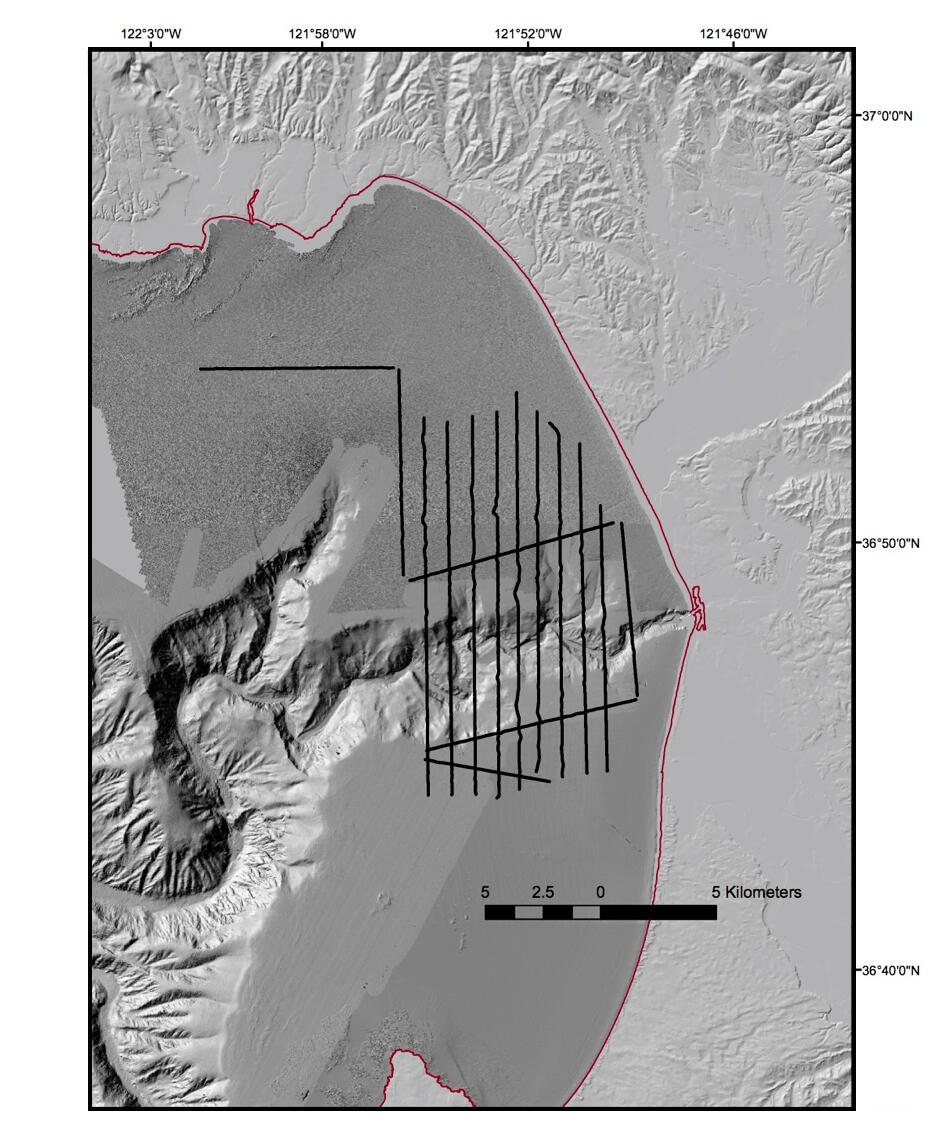 Map of a crescent-shaped bay showing the seafloor features plus tracklines that a ship followed while collecting data.