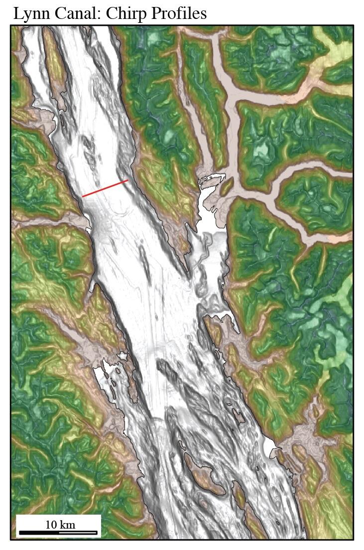 Map shows a line that illustrates the location in water where sonar data was collected.