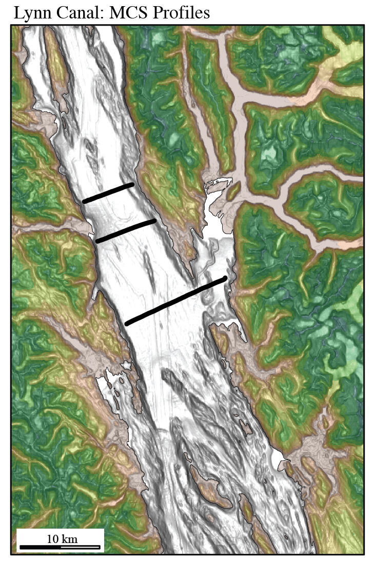 Map illustrates the lines in water where sonar data was collected from a ship.