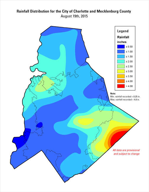 Rainfall Distribution Map for Charlotte, NC, 2015 August 19th