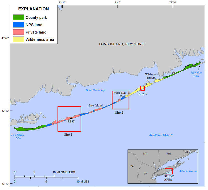 Location map showing the April 2016 Fire Island, New York, study sites (indicated by red boxes)
