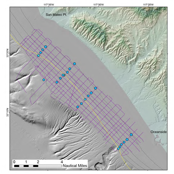 Illustration of the seafloor just offshore with lines showing the path of a ship and dots where sediment samples were collected.