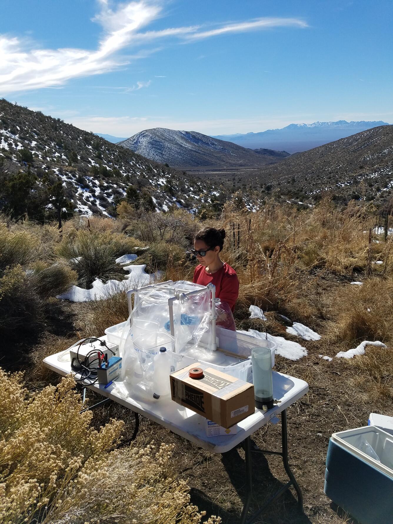 USGS scientist, Sara Gedo, collecting water-quality samples at Kiup Spring, Nevada