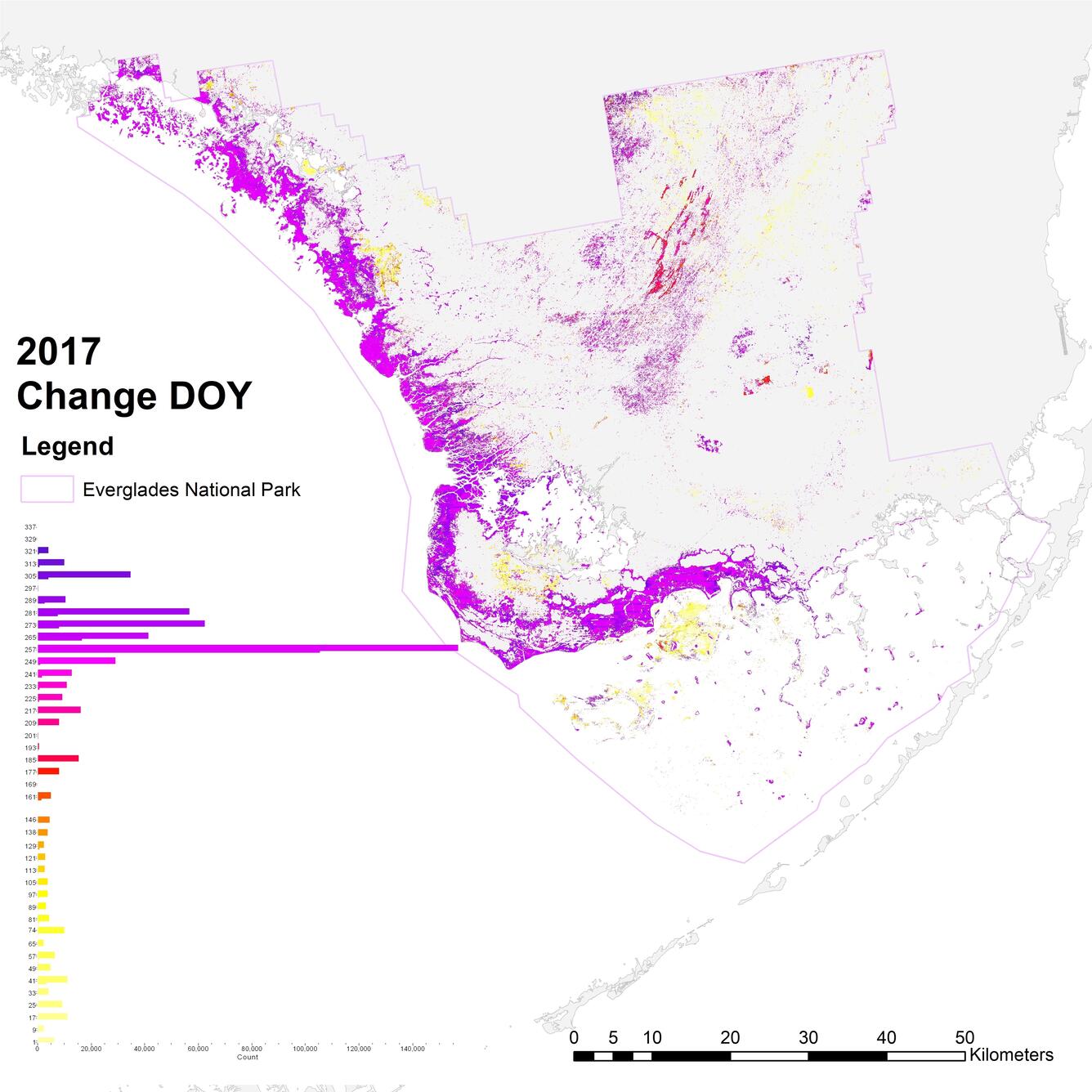 land change map for south Florida, 2017, showing day of change