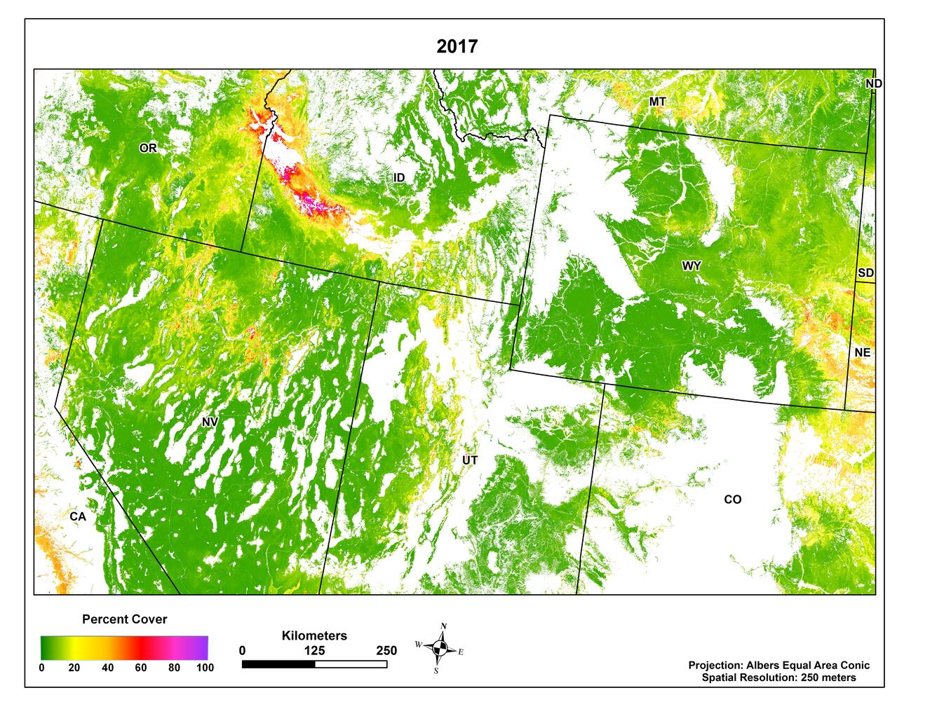 Image of near-real-time herbaceous land cover for portions of the Western United States in 2018