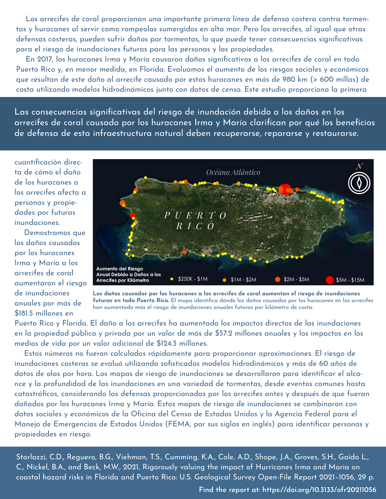 Folleto con texto y una vista aérea mirando hacia abajo en una costa con puntos que representan valores de datos en la costa.