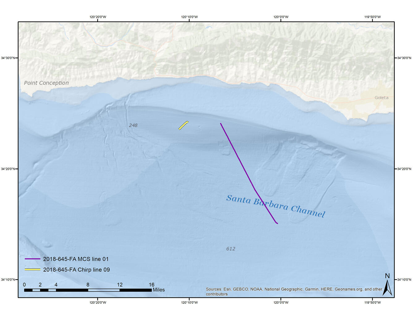 Map of the ocean just offshore showing seafloor features and a ship's tracklines where data were collected.