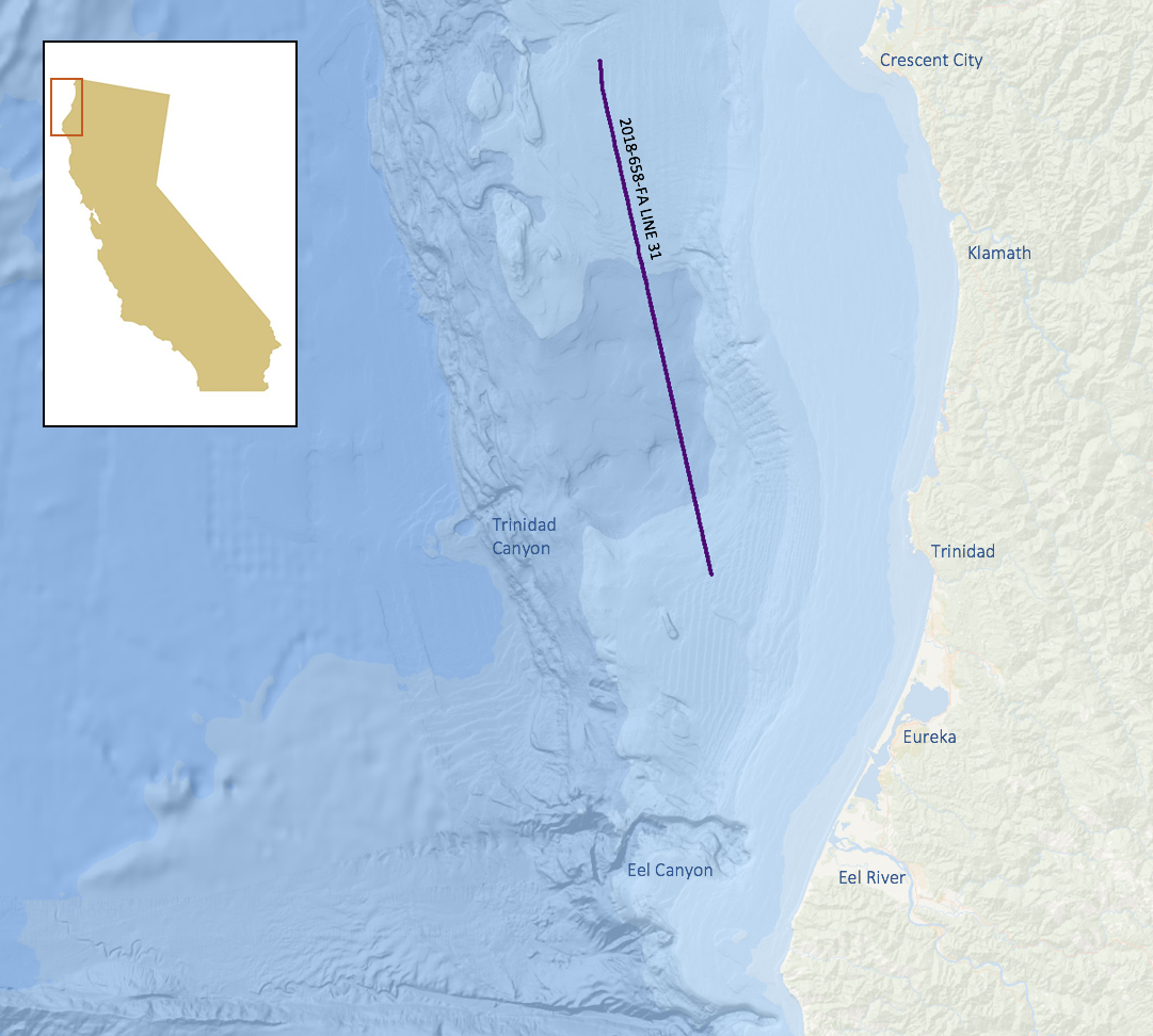 Map shows the ocean and land with a line drawn in the ocean to indicate where seismic data has been collected.