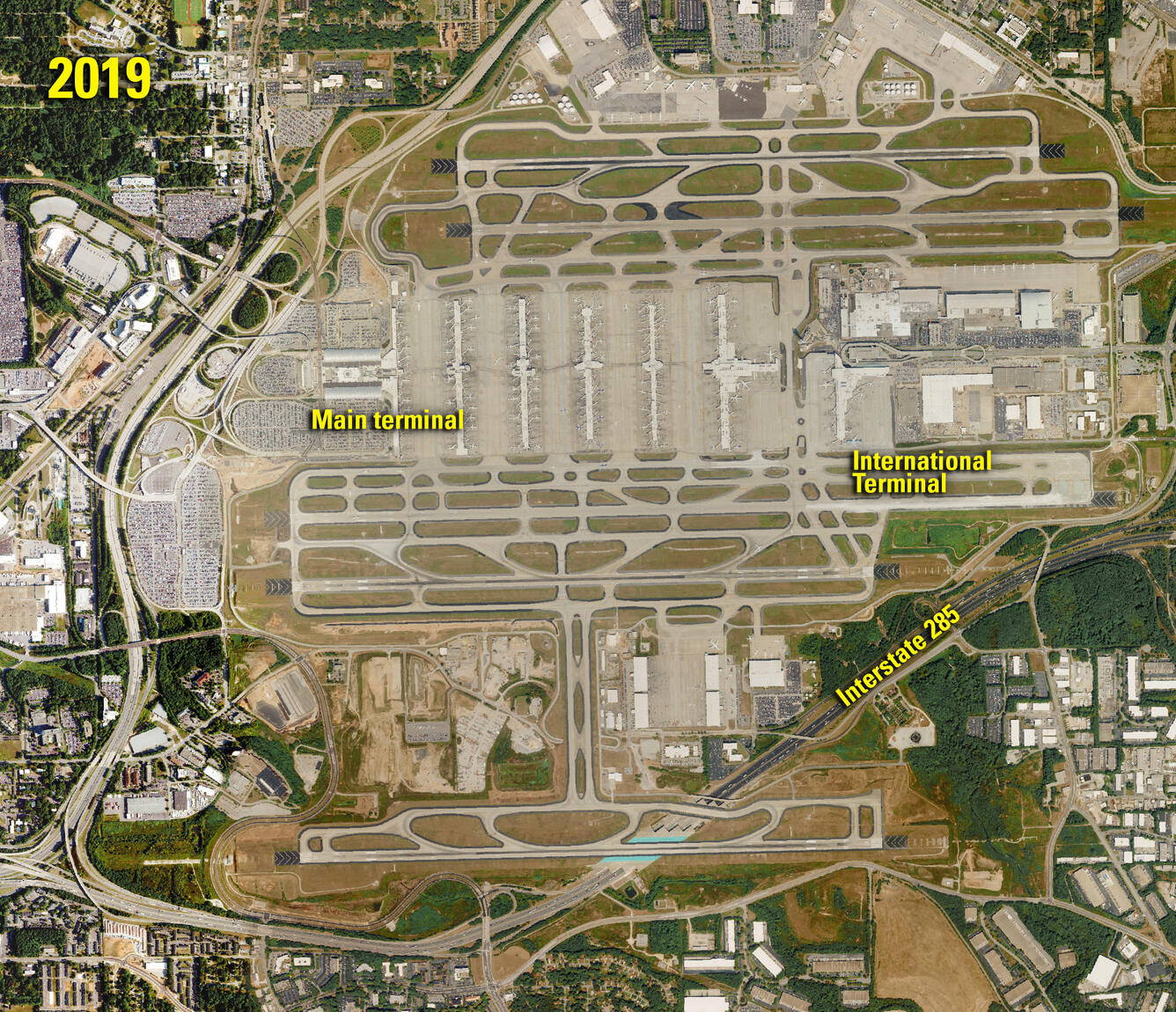 Aerial photo of Atlanta airport, circa 2019