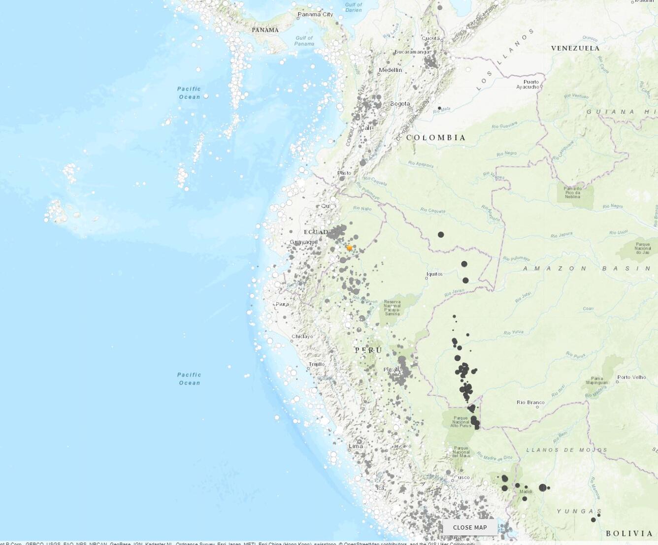 Map of epicenter, past earthquakes, and tectonic plates in the Palora, Ecuador region.