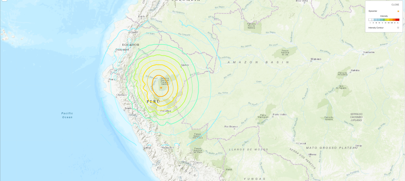 Map of shaking intensity north-central Peru