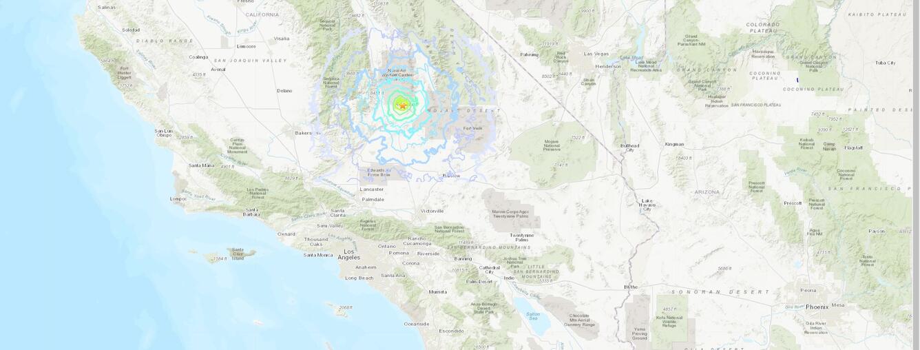 Map of shaking intensity southern California region