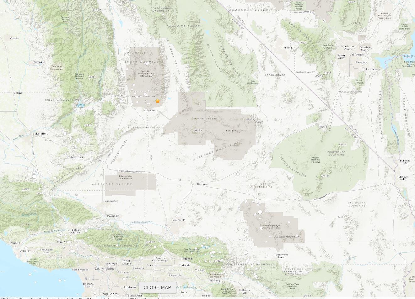 Map of epicenter and past earthquakes in the southern California region