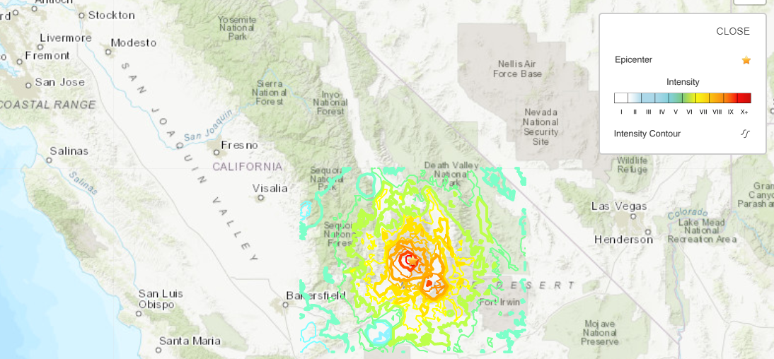 Map of shaking intensity southern California region