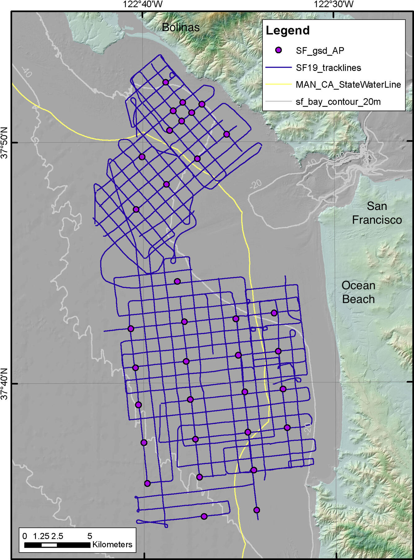Map of the ocean area off a coast with lines showing the the path of a ship and dots showing data collection sites.