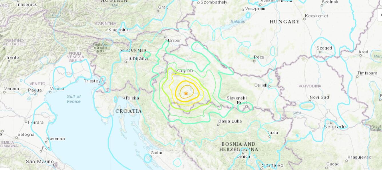 Map of shaking intensity Croatia region