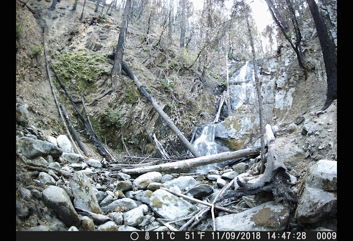 A view of a river surrounded by burned forests changes over the winter, filling with more water and then snow