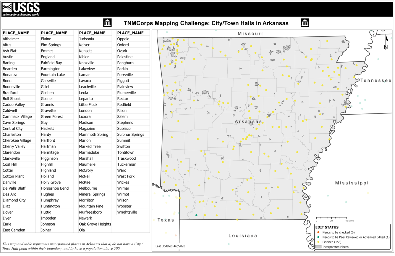TNMCorps Mapping Challenge: City/Town Halls in AR (w/ IncorporatedPl)