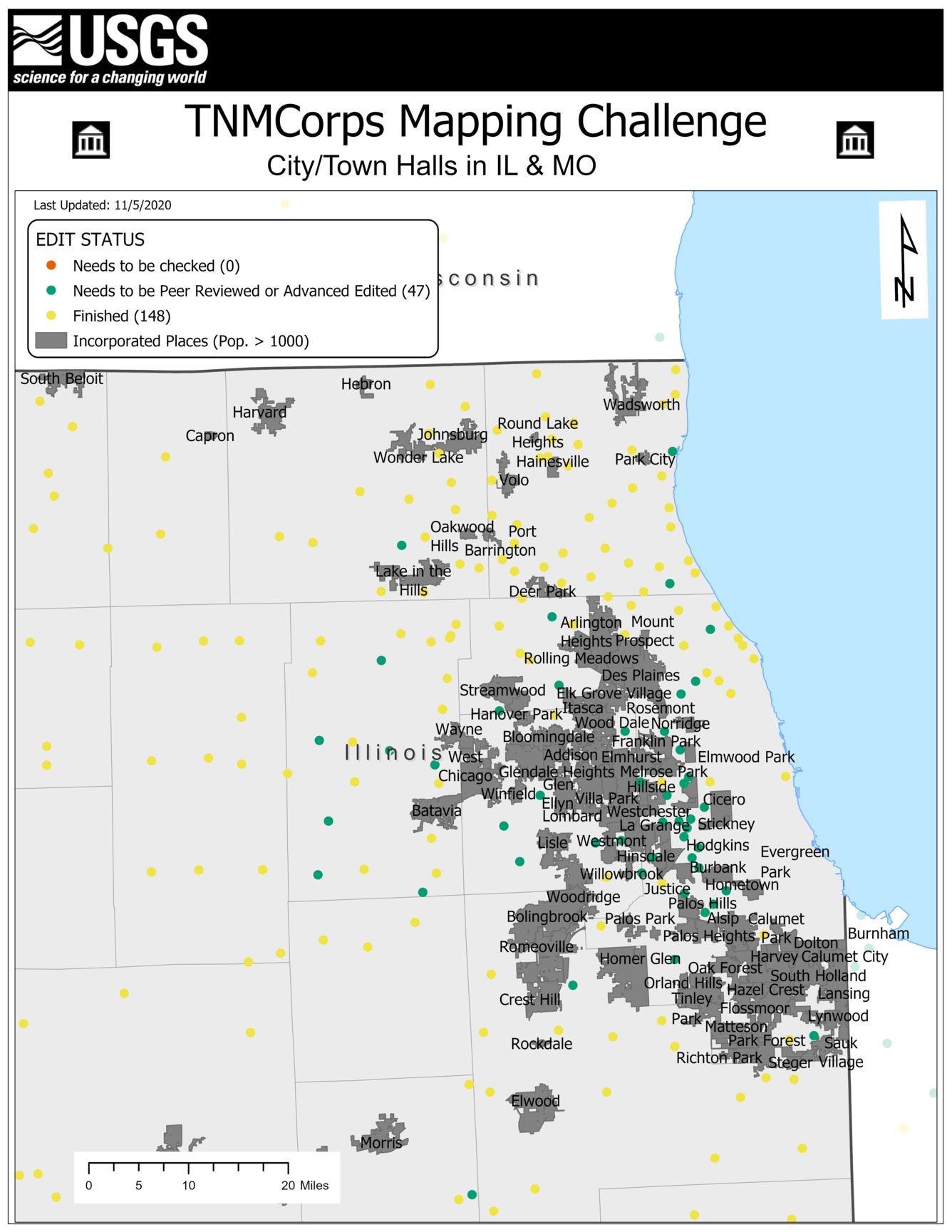 TNMCorps Mapping Challenge: City/Town Halls in IL & MO (IncPl Chicago)